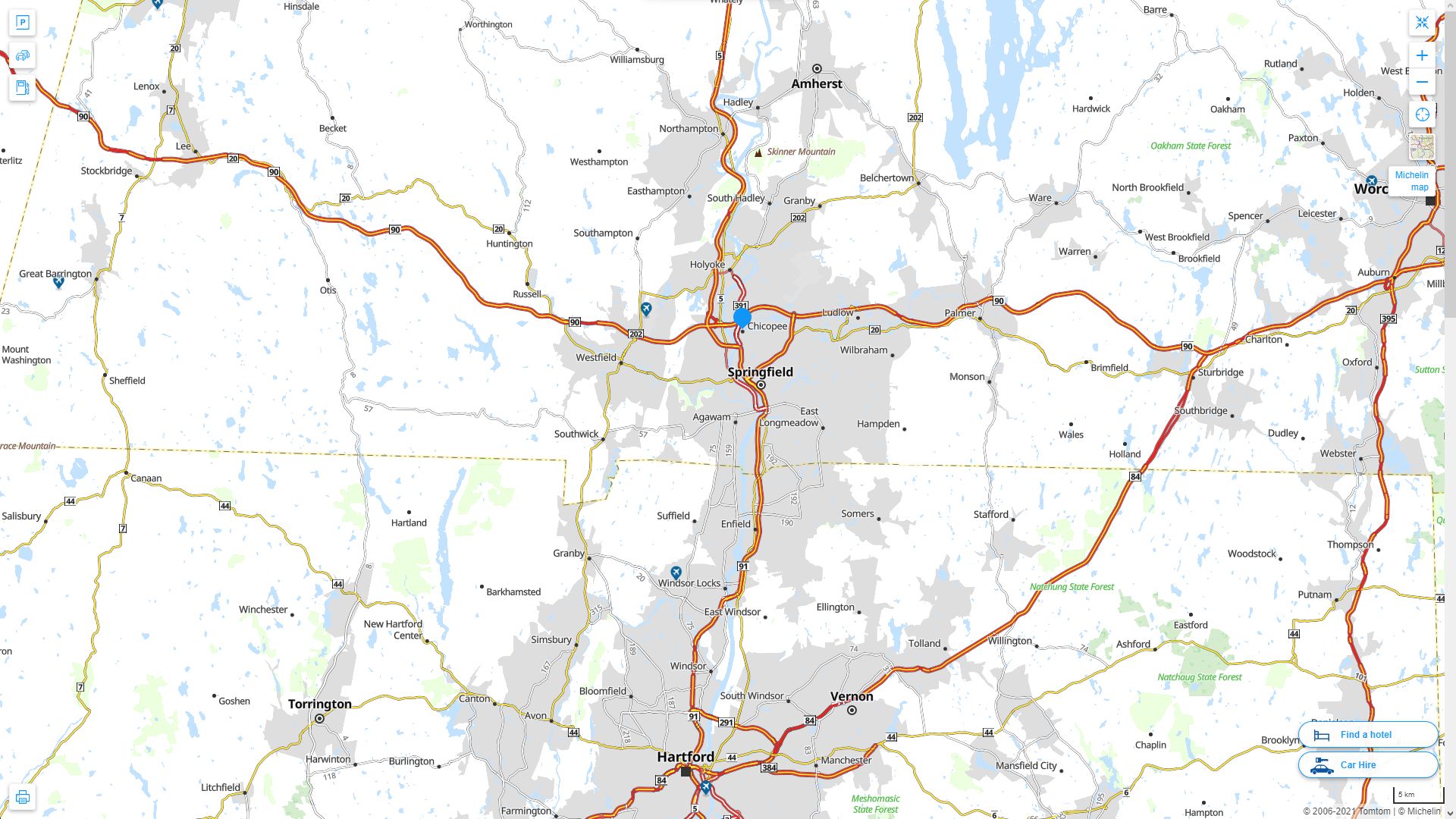 Chicopee Massachusetts Highway and Road Map